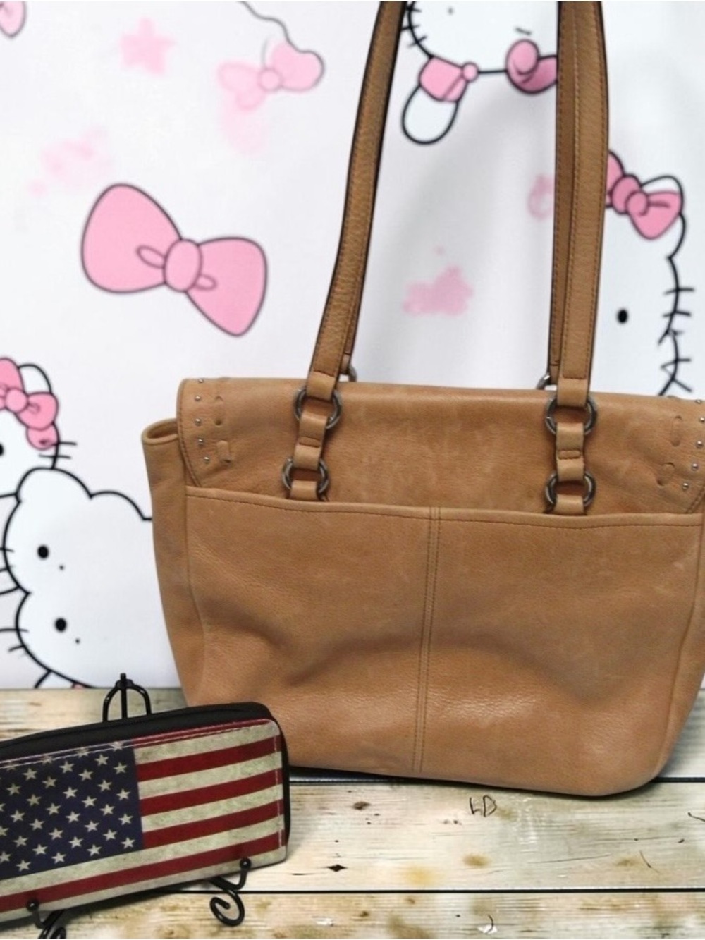 Aimee Kestenberg American Flag Leather Tote Tan Patriotic Stars Stripes - Picture 2 of 5